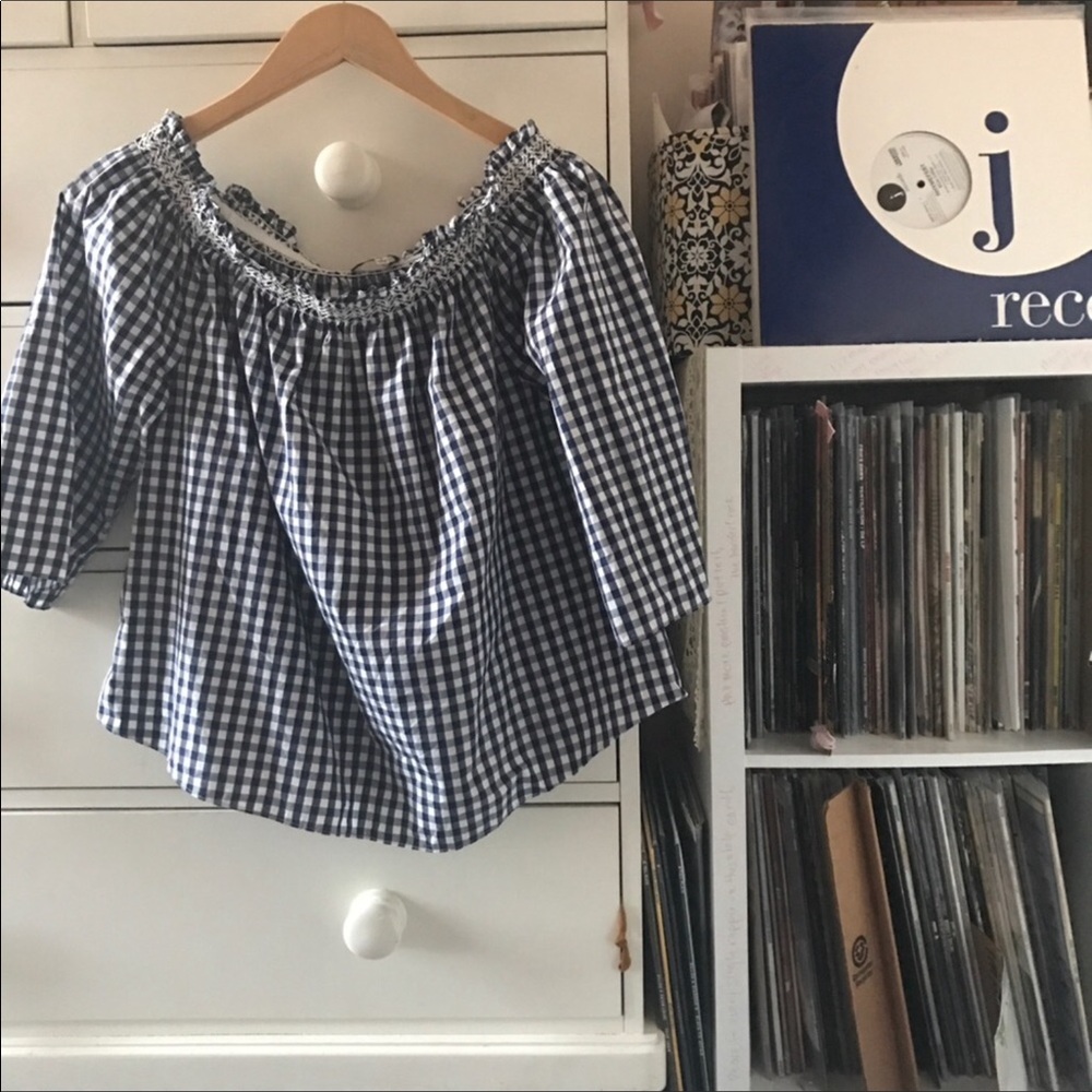 Madewell Off Shoulder Gingham Blouse Top Milkmaid Cottagecore Check Pattern Med